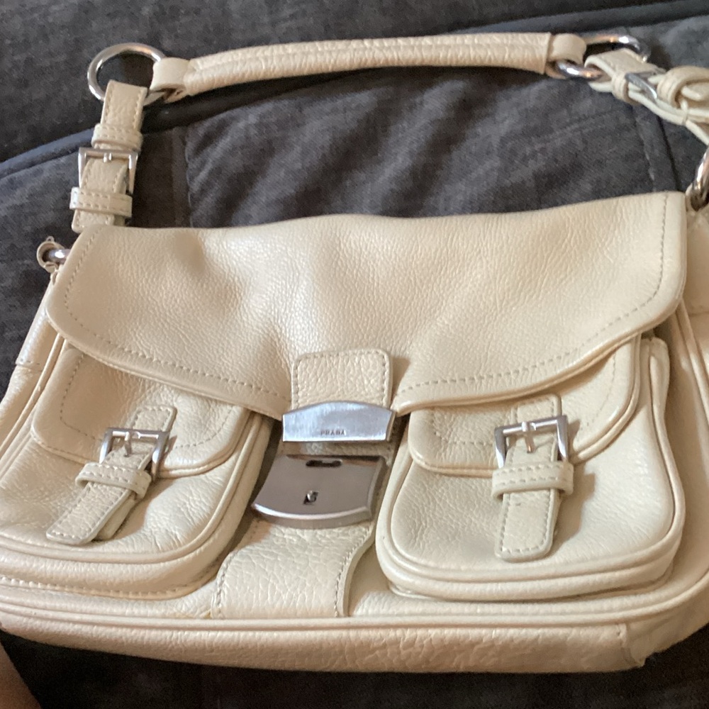 Prada Ivory Leather Shoulder Bag with Silver Buckles